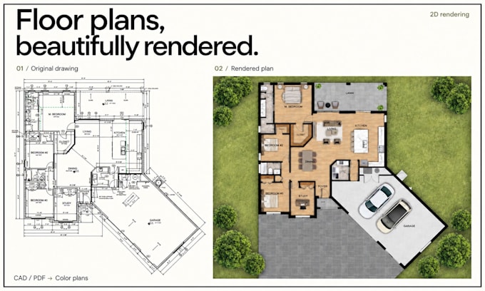 render furnished 2d color floor plans from cad or PDF files