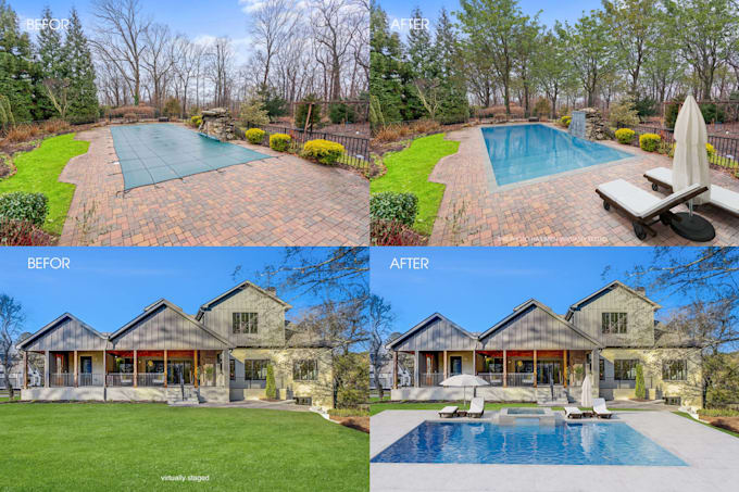 add leaves to trees, add basic landscape, add full  landscape, add pool