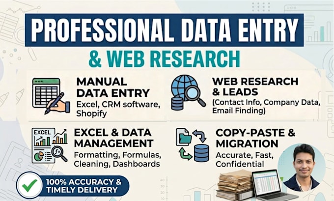 do excel data entry, CRM data entry, shopify data entry