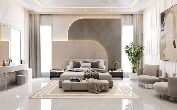 do interior design living room, bedroom, and bathroom in 3d rendering
