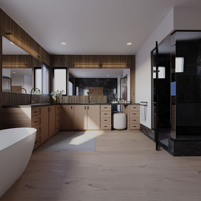 create a modern bathroom design with realistic 3d rendering