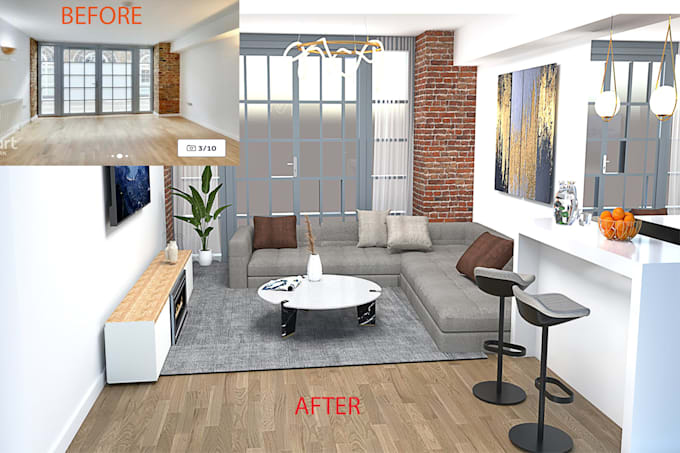 design realistic 3d  model and render of your kitchen,livingroom or bedroom