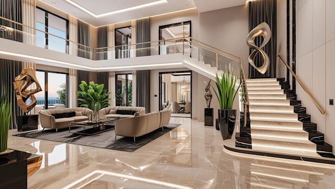 design a luxurious  interior with stylish furniture