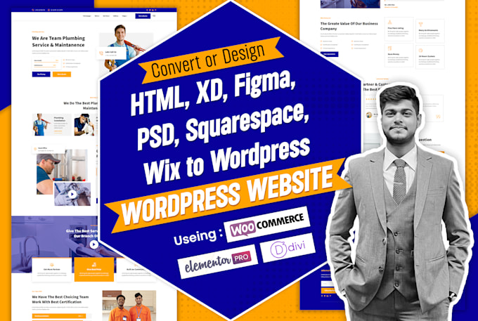 convert HTML, figma, squarespace, wix to wordpress website, elementor pro, divi