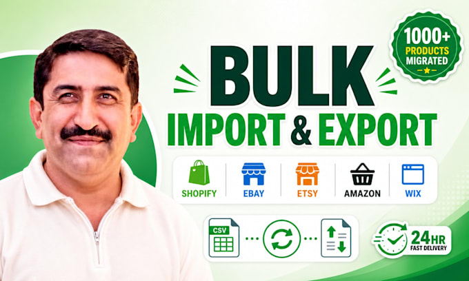 bulk import and export products on shopify, ebay, etsy, amazon, wix