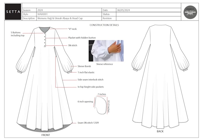 modest wear design, illustration and fashion tech pack