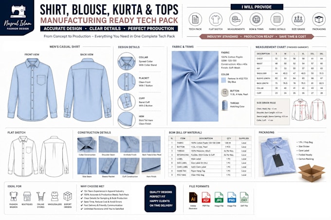 design shirt, blouse, kurta, tops illustration and manufacturing ready tech pack