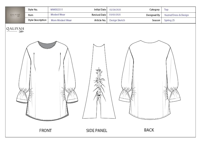 design shirt, blouse, kurta, tops illustration and manufacturing ready tech pack