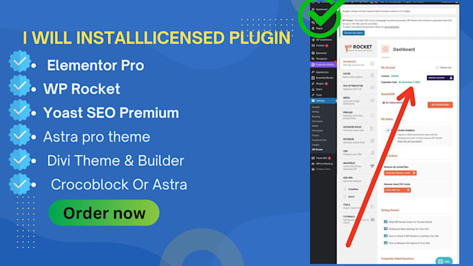 install wp rocket, elementor pro, divi, licensed plugin