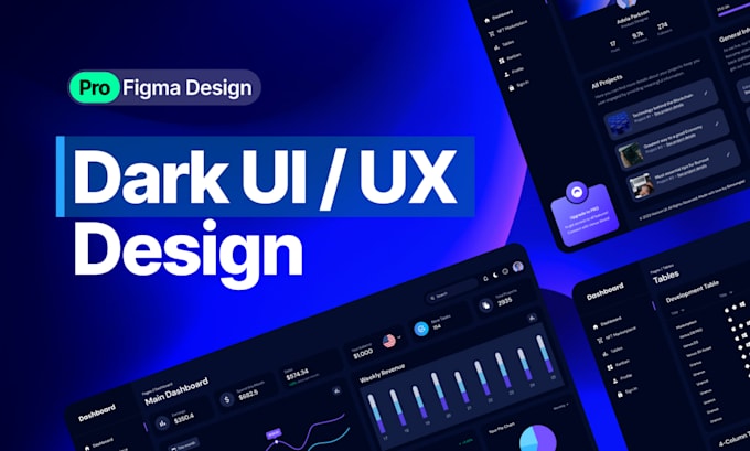 do dark UI UX dashboard, app design, and prototype for you