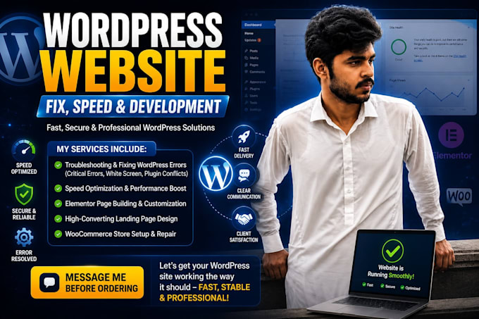 solve wordpress errors, boost site speed and design elementor pages