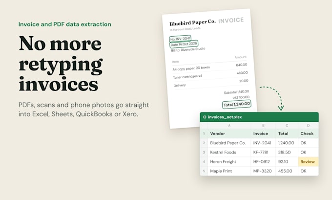 automate invoice and PDF data extraction to excel, sheets or quickbooks
