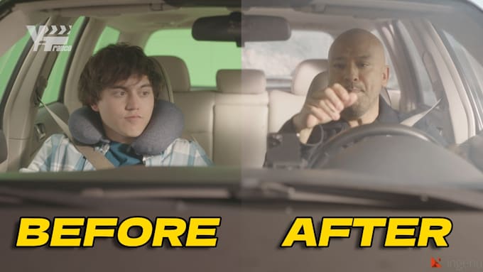 do a professional green screen removal and chroma key composite