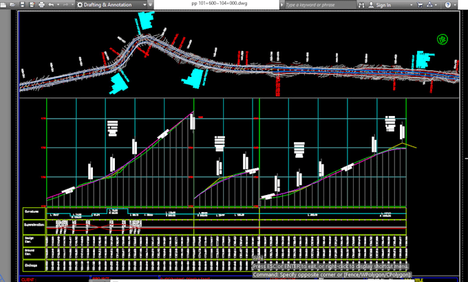 do road design, vertical profile, plan and cross section