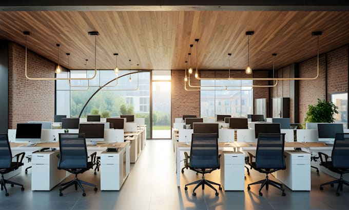 do a complete office interior design with realistic 3d renders