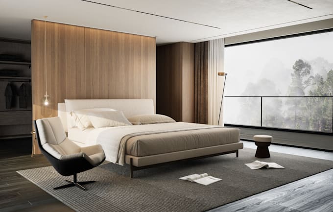 create a 3d interior design for the bedroom and relaxation room in your home