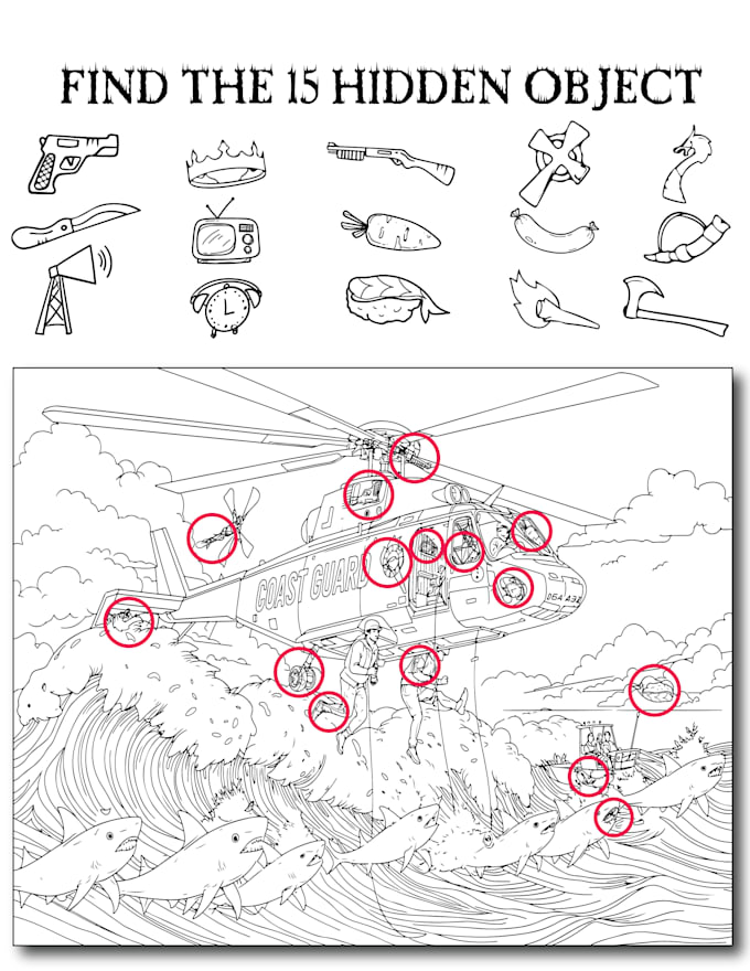 convert image to line art for adult coloring, hidden object puzzle, illustration
