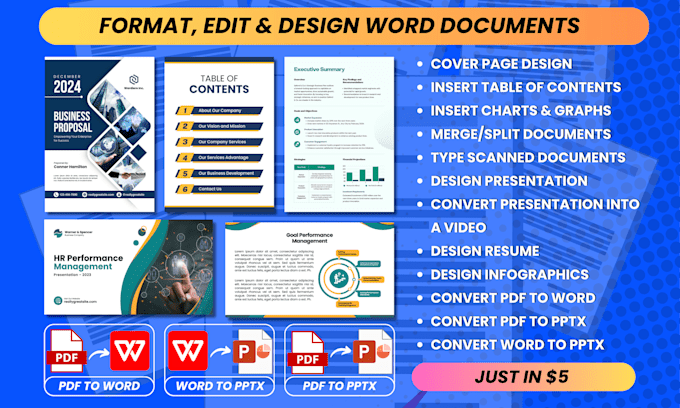 format, edit, and design microsoft word documents and powerpoint presentations