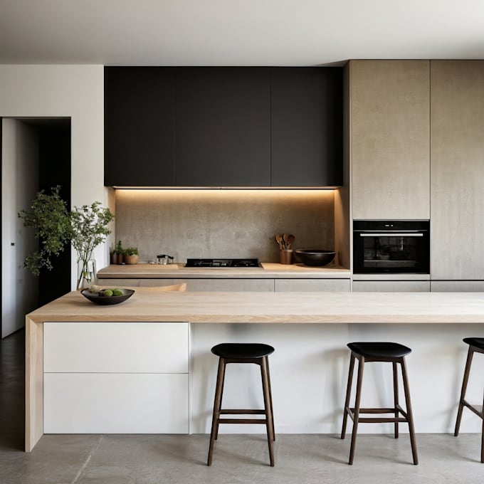 3d design kitchen , cabinet, and bathroom interior with render