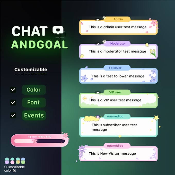 design and code custom stream chat, event widget, alerts, goal widget