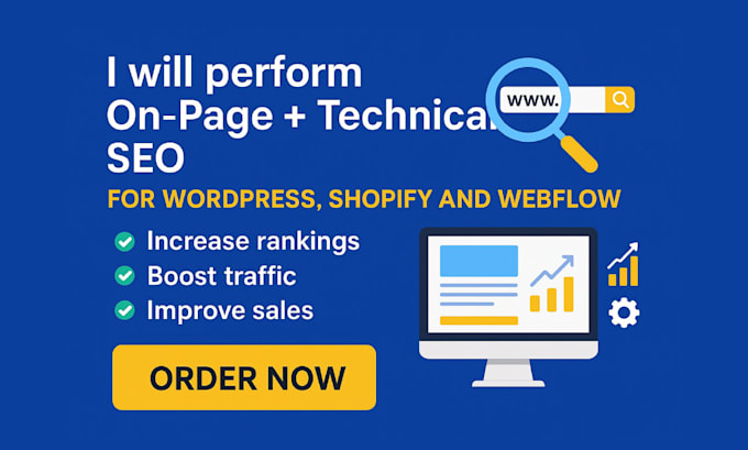 do on page and technical SEO optimization for wordpress, shopify, and webflow