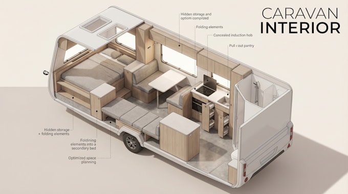 custom camper van layout and 3d rendering