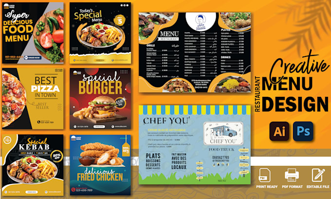 create a professional menu, restaurant menu flyer, food menu, or animated menu