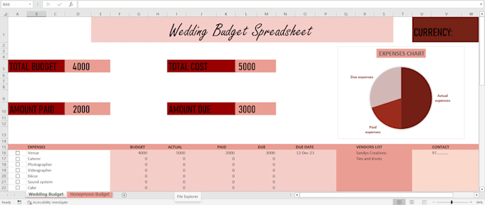 provide a personal wedding planner spreadsheet, in excel