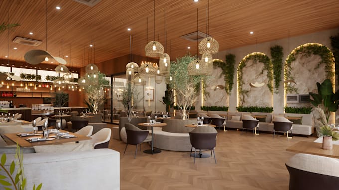 do restaurant interior design, cafe, coffee shop and 3d rendering