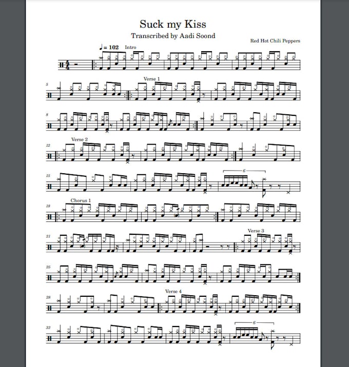 Transcribe a song into drum sheet music by Aadisoond Fiverr