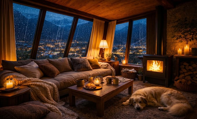 create natural sound relaxing rain video with a cozy room