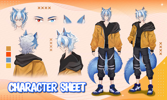 draw character sheet design, furry fursona, vtuber live2d model in anime style