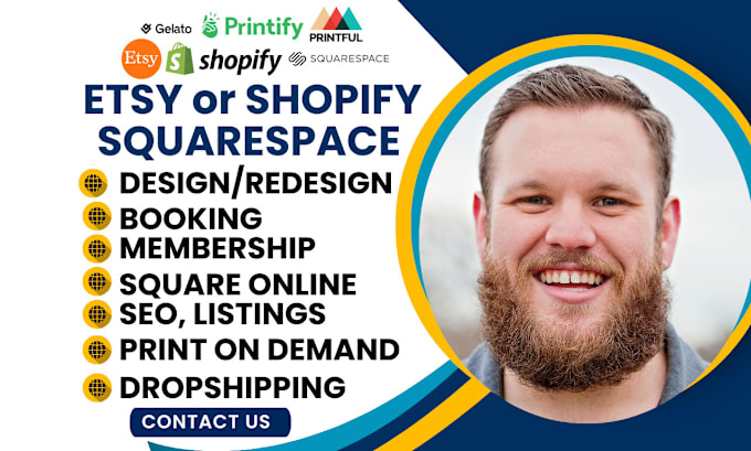redesign shopify squarespace booking design printful etsy printify gelato seo