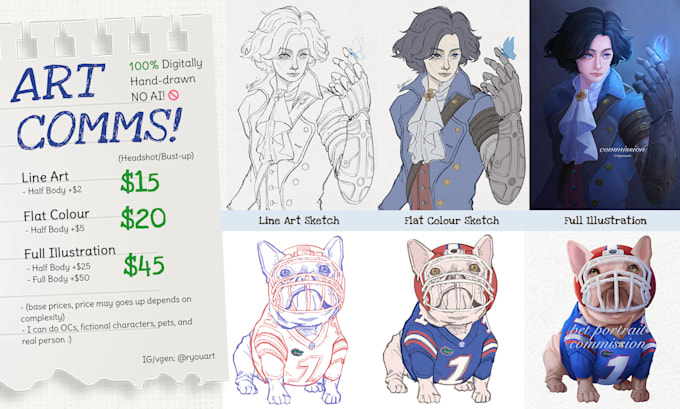 do digital hand painted portraits of characters, human, pets