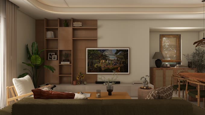 do interior decor plan with 3d model, 4k render and moodboard with shopping list