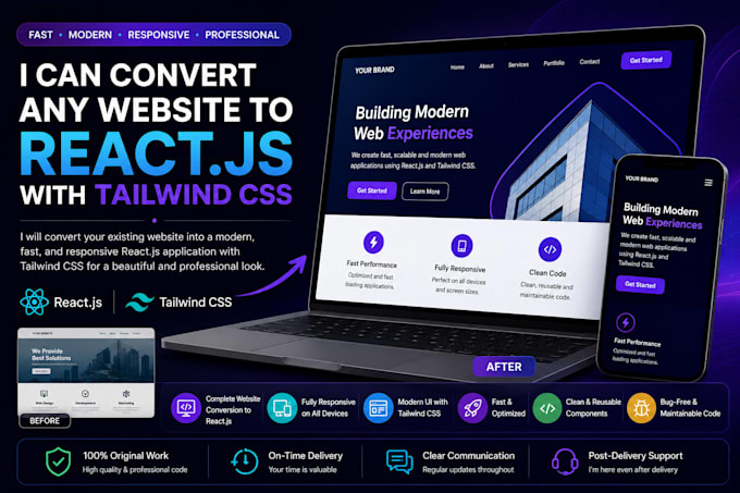 convert any website to react js and tailwind CSS