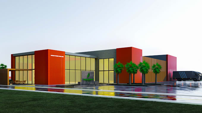 do warehouse factory 3d exterior rendering, modern 2d layout