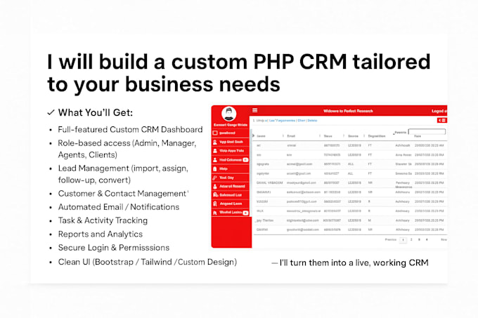 develop fully custom php CRM with leads management, sales automation