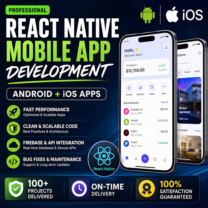 develop a professional react native mobile app for android and ios