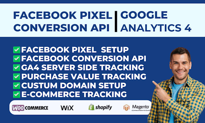 setup facebook pixel conversion API, google analytics 4, shopify, wordpress,