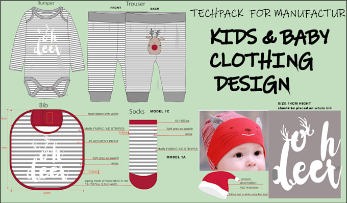 Draw clothing tech pack for kids baby cad blueprint technical sketch by ...