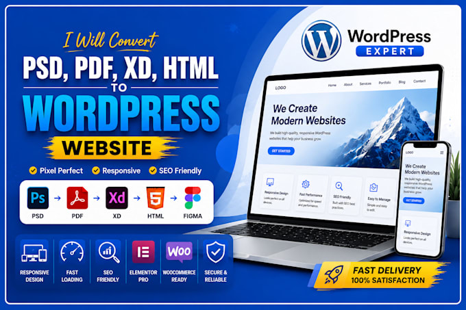 convert PSD, figma, xd, PDF, or HTML to a responsive wordpress website