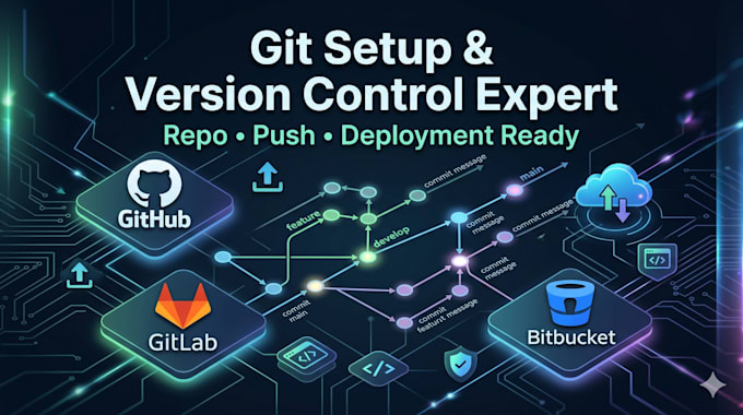 setup project, push code and teach git versioning for github, gitlab and bitbuck