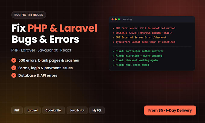 fix PHP and laravel website errors and bugs