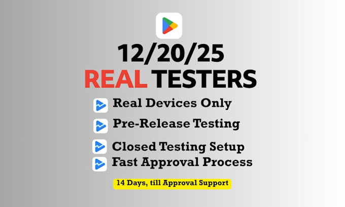 provide 12 testers or 20 testers for google play closed testing and guide