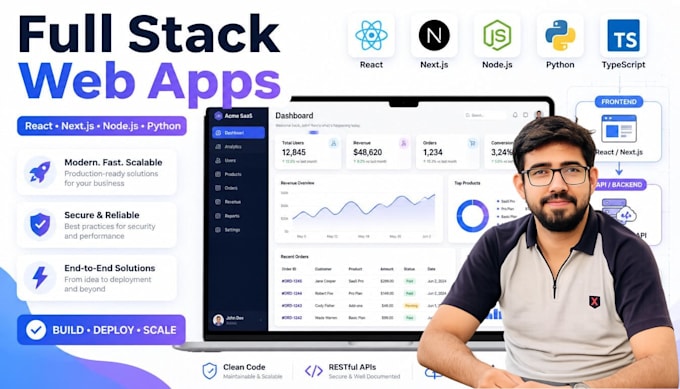 build full stack web applications with react js, next js and node js, python