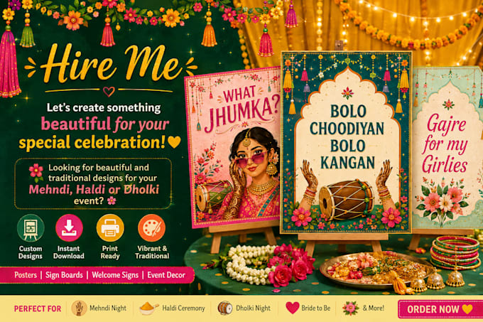 design beautiful mehndi, haldi, and dholki invitations, posters, and signs