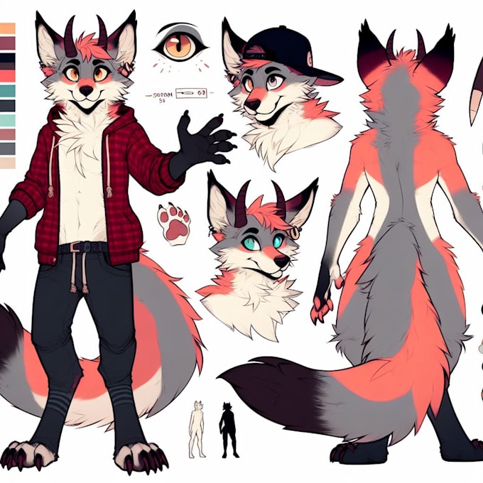 Draw a furry art character reference sheet fursona anthro feral anime ...