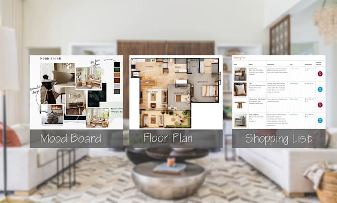 do interior moodboard and decor guide and shopping list and floor plans