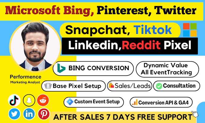 setup bing ads conversion tracking, snapchat, tiktok, pinterest, twitter pixel